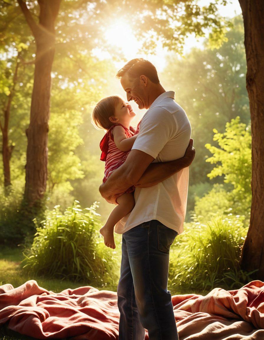A heartwarming scene of a father hugging his child in an outdoor setting, surrounded by nature and warm sunlight. Include elements of laughter and joy, showcasing diverse families having picnics, playing games, and sharing moments of reunion. Capture the essence of love, connection, and celebration among fathers and their children. vibrant colors. super-realistic.