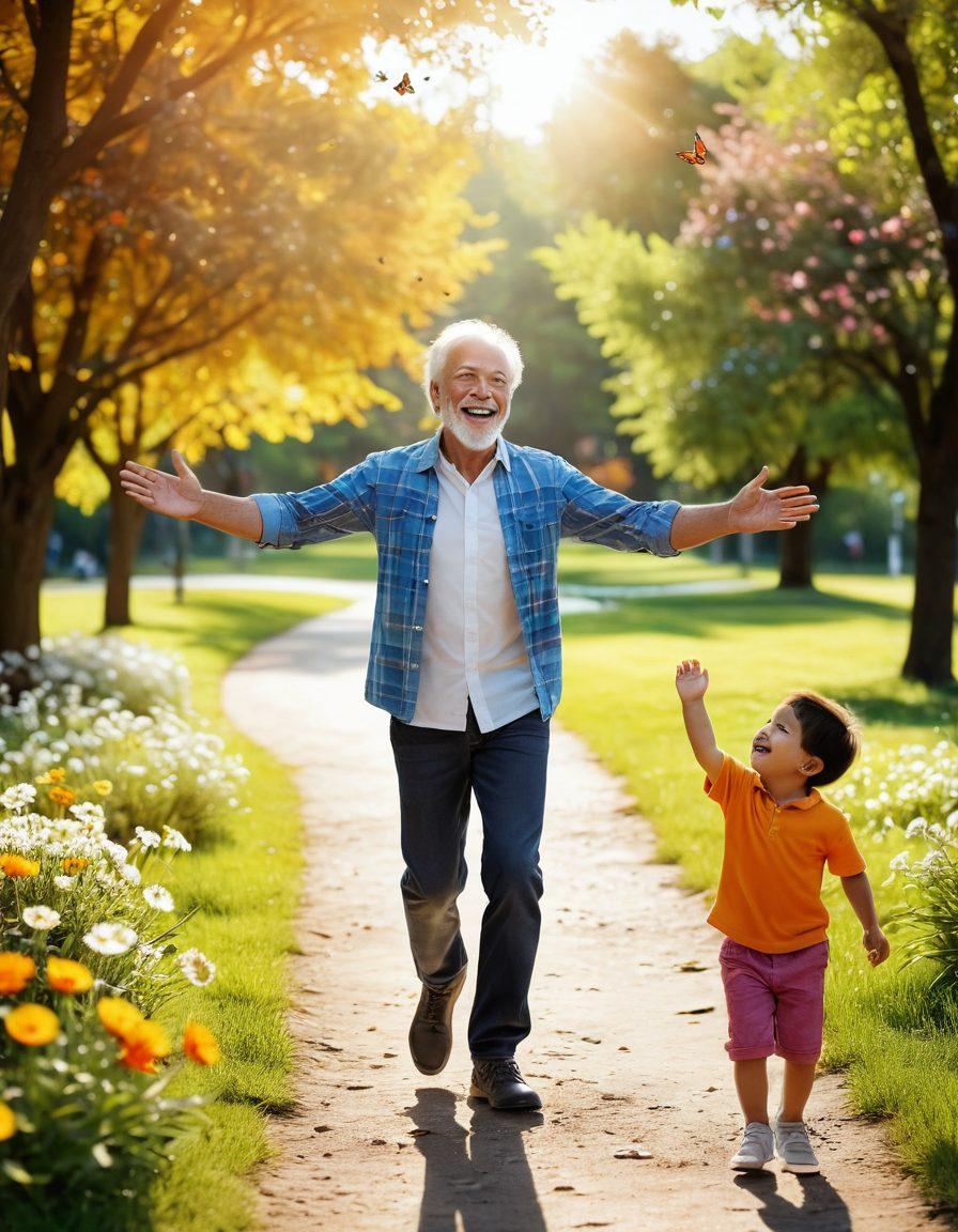 A heartwarming scene of a child running joyfully towards an older man, symbolizing a reunion, with bright smiles and open arms. The background shows a sunny park filled with blooming flowers and butterflies, representing happiness and love. The child is wearing colorful clothes, while the man is dressed in a casual yet stylish outfit. Bright sunlight filters through the trees, casting a warm glow on the scene. super-realistic. vibrant colors. 3D.