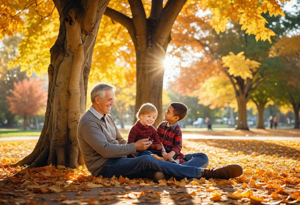 A warm, nostalgic scene of a father and child sharing a joyful moment in a sunlit park, surrounded by autumn leaves, with a family tree in the background representing legacy. The father is playfully teaching the child about a family heirloom, symbolizing connection and heritage. Bright, cheerful colors with soft lighting to evoke happiness and warmth. super-realistic. vibrant colors.